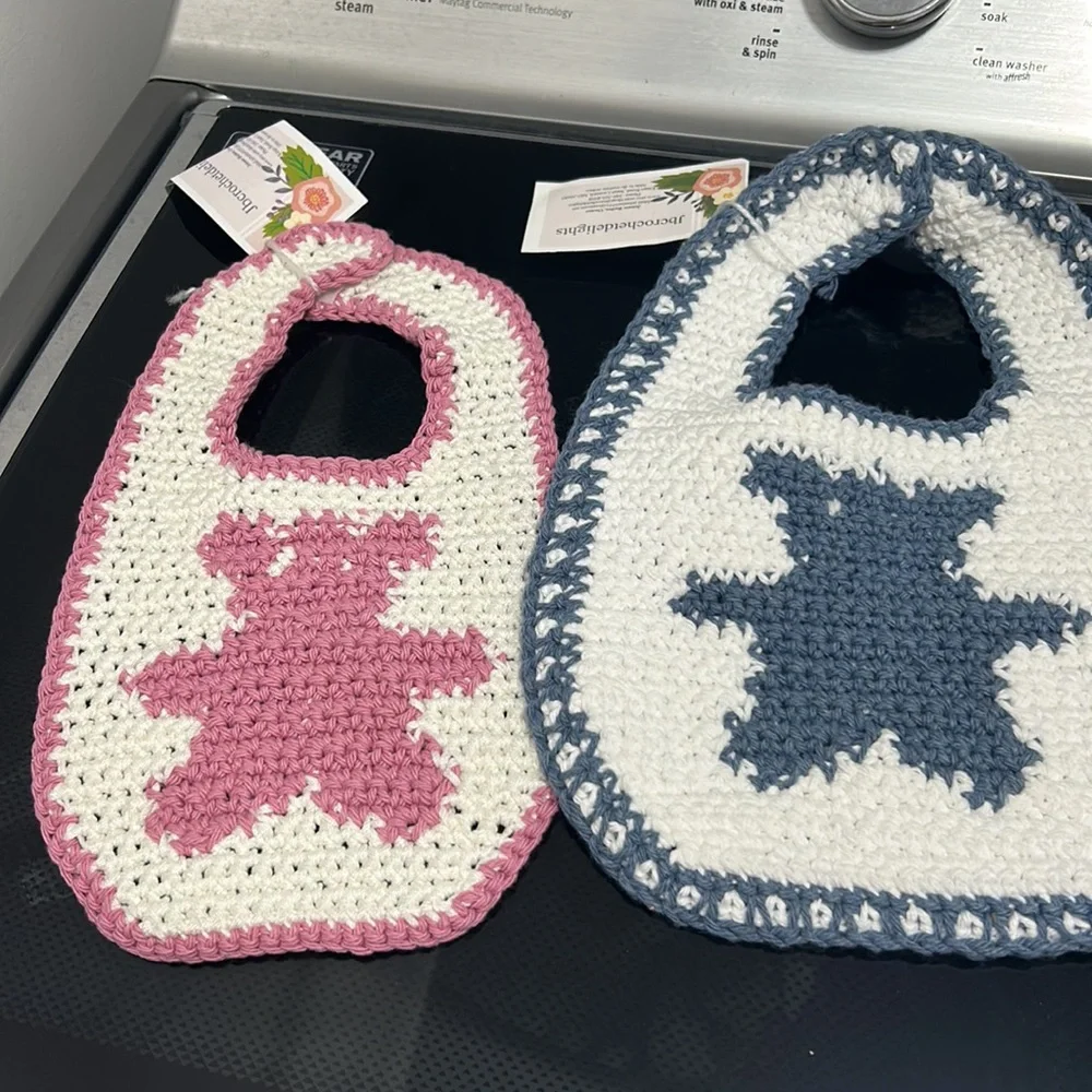 Handmade fraternal twins matching baby Bear bibs Crochet knitted boy and girl